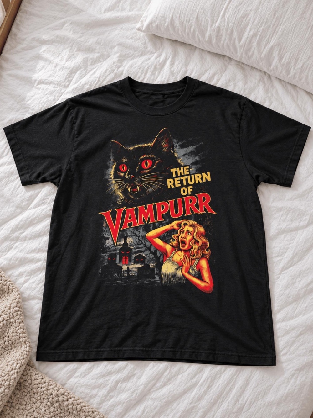 Black 'The Return of Vampurr' Graphic Tee, Funny Vampire Cat Halloween T-Shirt